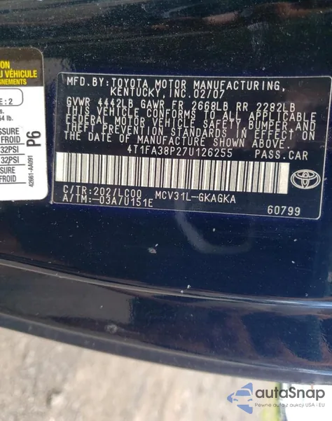 2007 Toyota Camry Solara Se из США, поврежденный, VIN 4T1FA38P27U126255